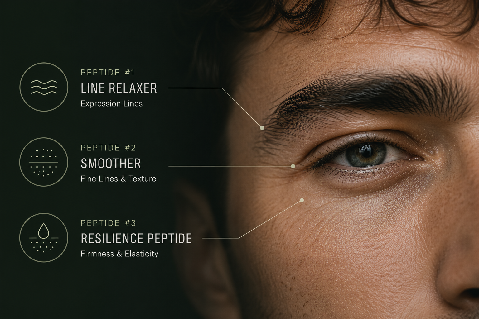 Diagram showing three RAWDOG peptides and their benefits for expression lines, texture, firmness, and elasticity